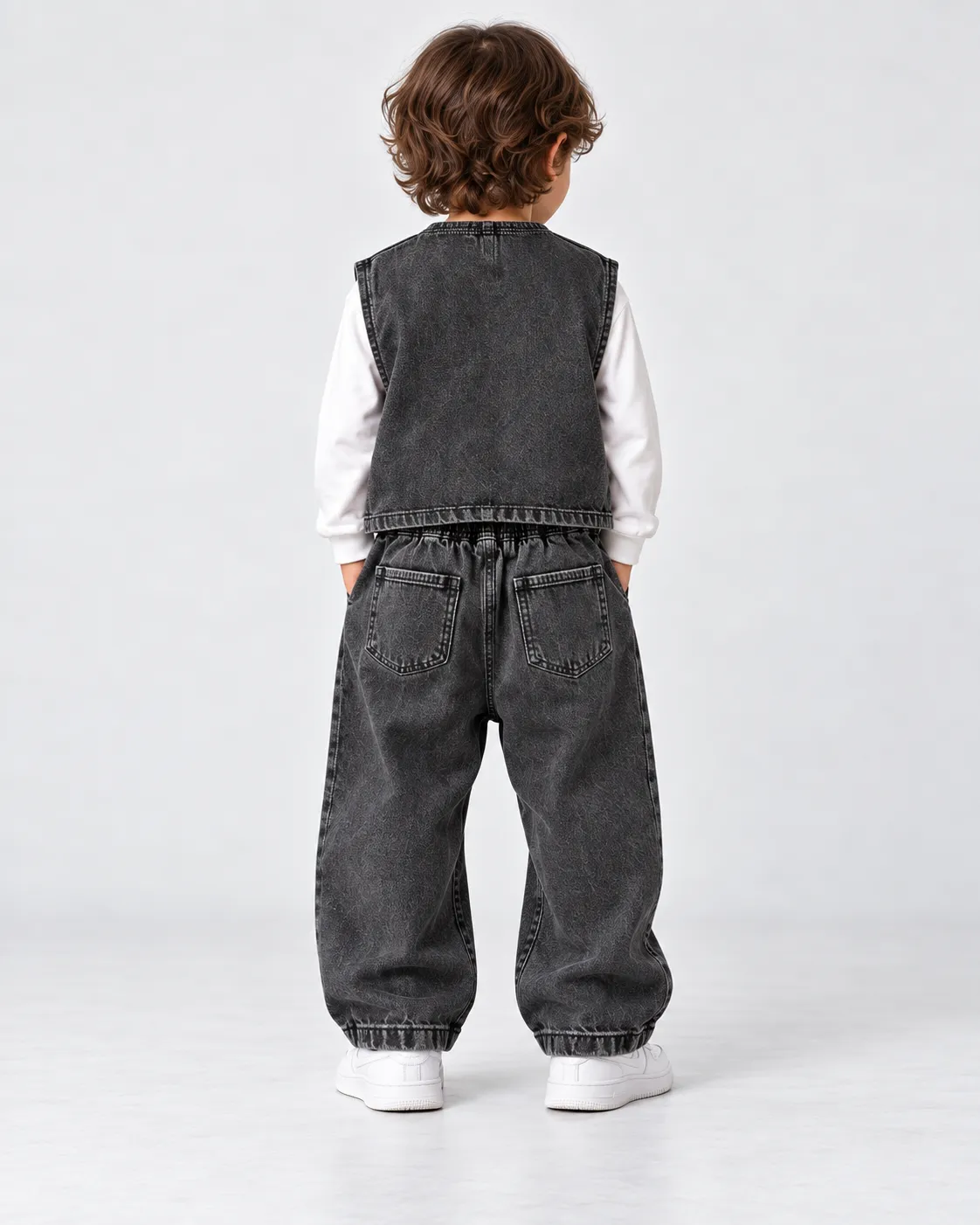 Erkek Çocuk Siyah Denim Yelek ve Pantolon İkili Kombin Takım [Renk: Siyah]