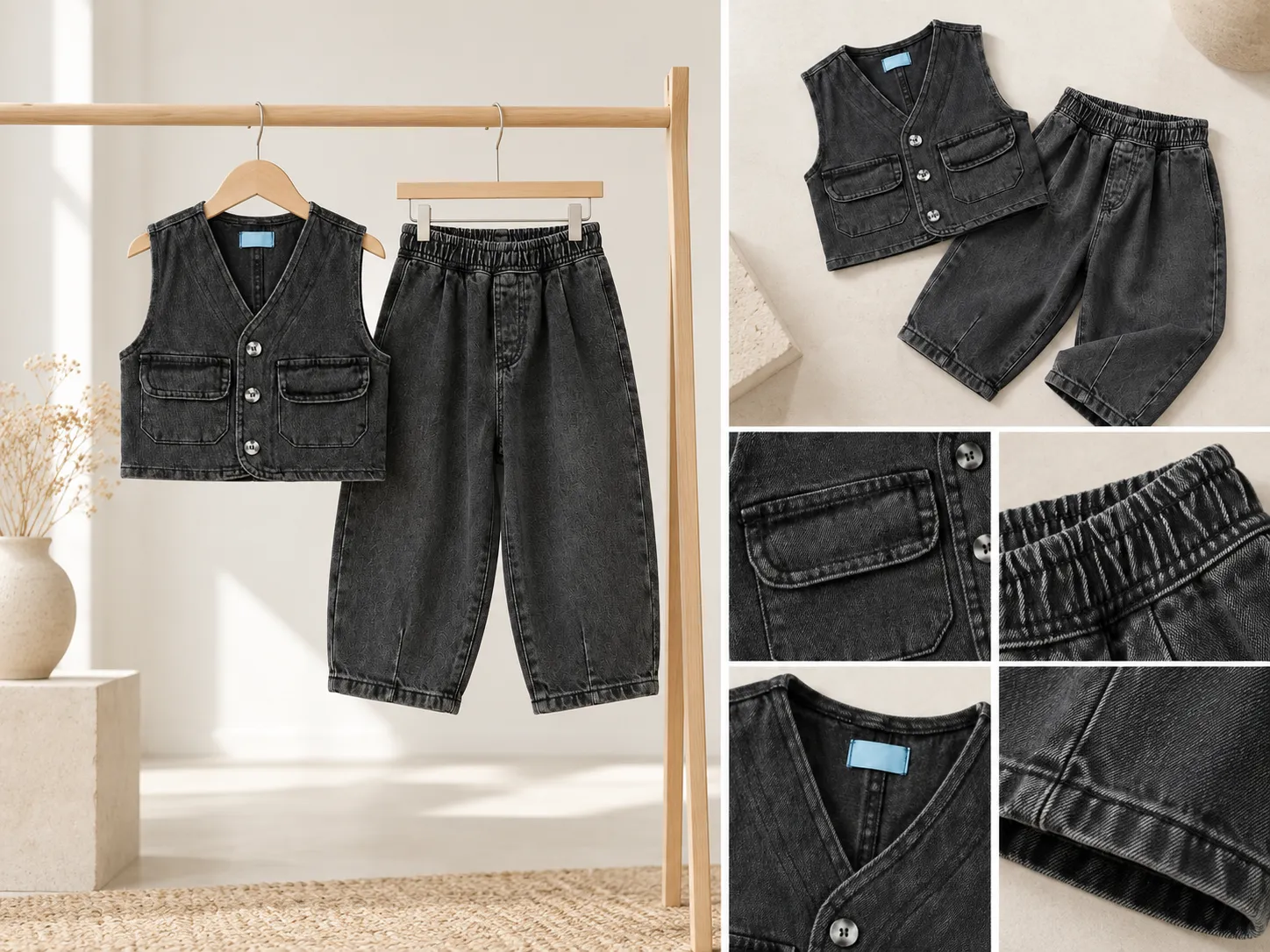 Erkek Çocuk Siyah Denim Yelek ve Pantolon İkili Kombin Takım [Renk: Siyah]