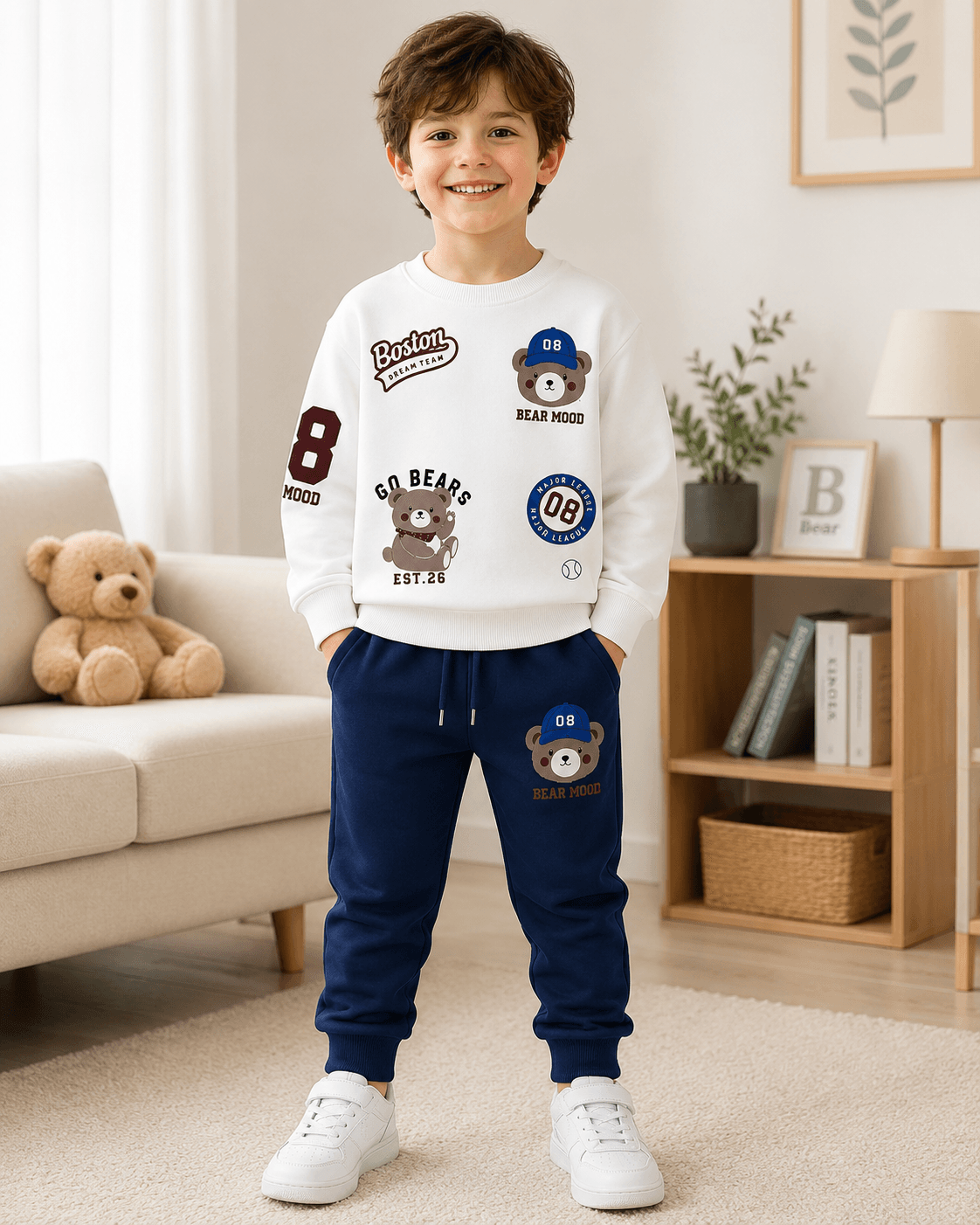 Erkek Çocuk Ayıcık Baskılı Sweatshirt Eşofman Altı Takımı [Renk: Lacivert]