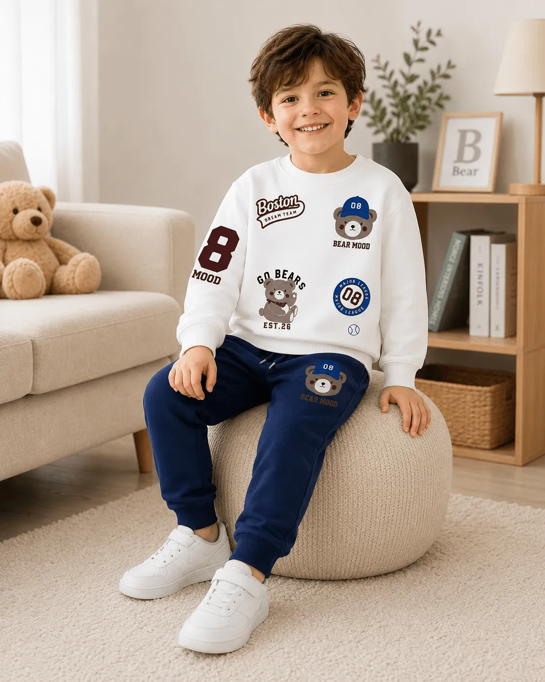 Erkek Çocuk Ayıcık Baskılı Sweatshirt Eşofman Altı Takımı [Renk: Lacivert]
