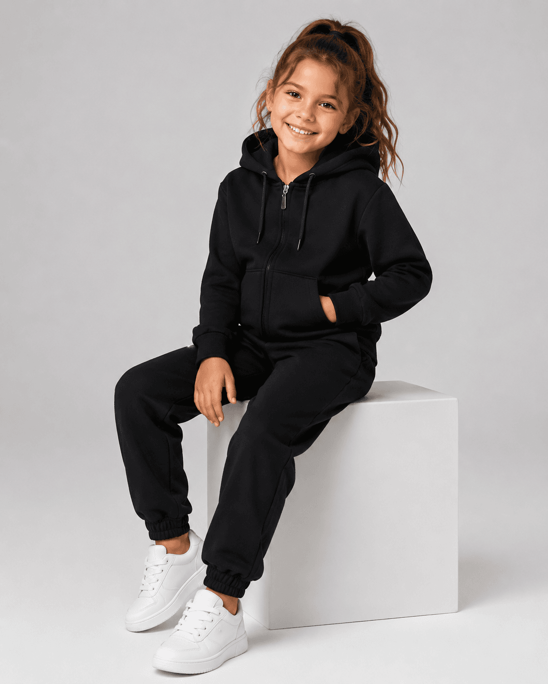 Çocuk Unisex Siyah Kapüşonlu Fermuarlı Eşofman Takımı Alt Üst