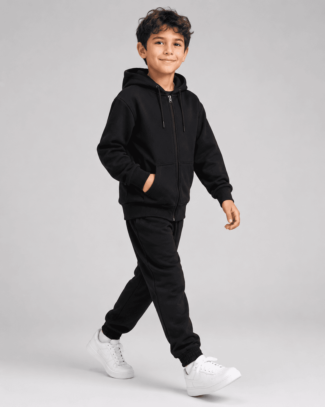 Çocuk Unisex Siyah Kapüşonlu Fermuarlı Eşofman Takımı Alt Üst