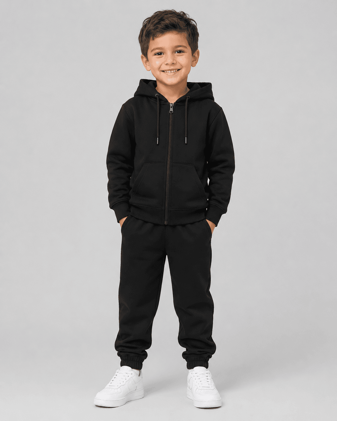 Çocuk Unisex Siyah Kapüşonlu Fermuarlı Eşofman Takımı Alt Üst