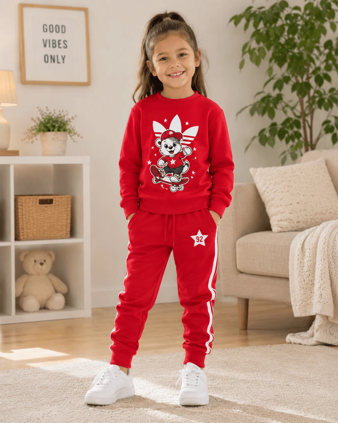 Unisex Çocuk Kırmızı Baskılı Sweatshirt ve Eşofman Takımı [Renk: Kırmızı]