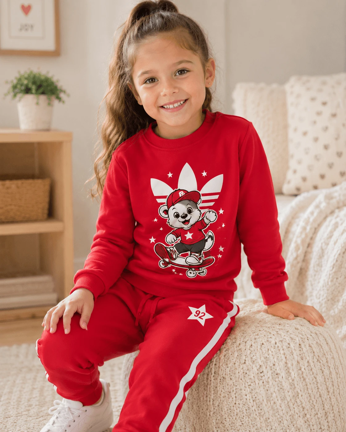 Unisex Çocuk Kırmızı Baskılı Sweatshirt ve Eşofman Takımı [Renk: Kırmızı]