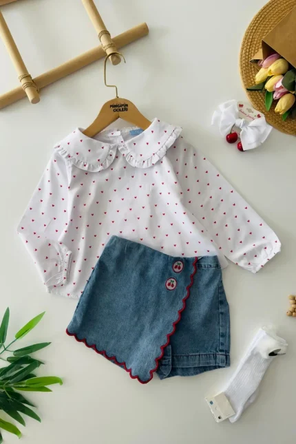 Miniğimin Cicileri Kalp Baskılı Gömlekli Kız Çocuk Kiraz Kot Şort Etekli Kız Çocuk 2 li Takım - Bey