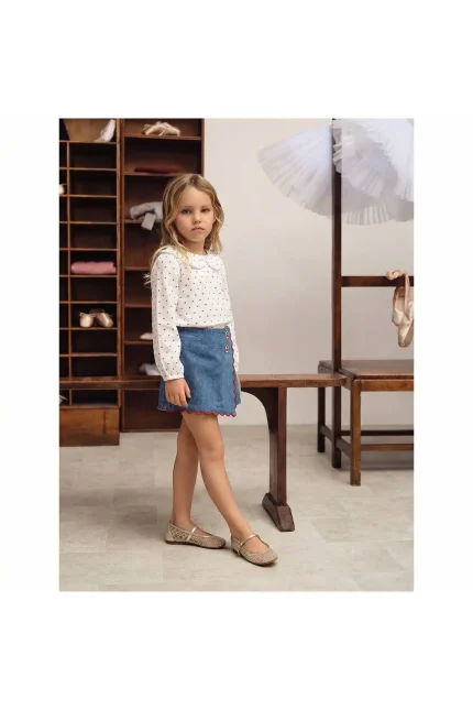 Kız Çocuk Kalp Desenli Gömlek ve Denim Şort Etek Alt Üst Takım